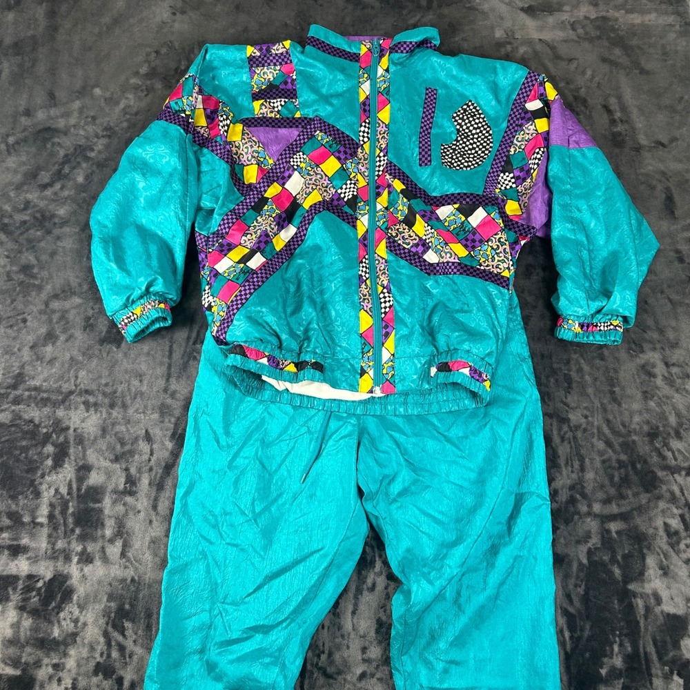 Lavon Tracksuit Set Womens Small Teal Vintage 90s Windbreaker Geometric Print